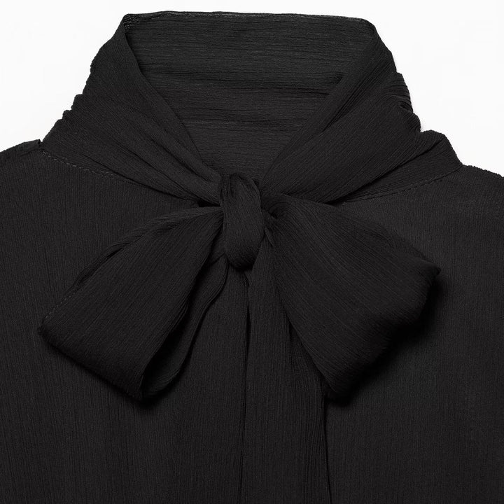 Damen Chiffon-Bluse mit Schluppe, Stehkragen und gerafften Ballonärmeln Drune