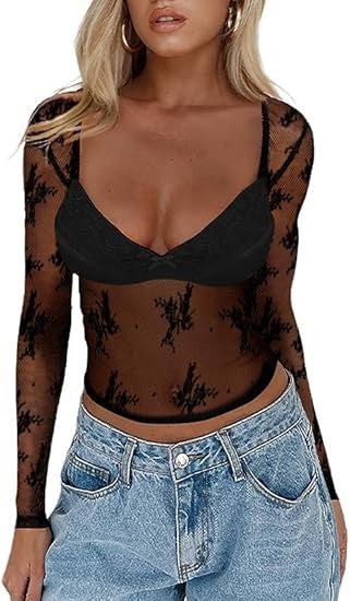 Damen Transparente Spitzenbluse mit eleganten Details Drune