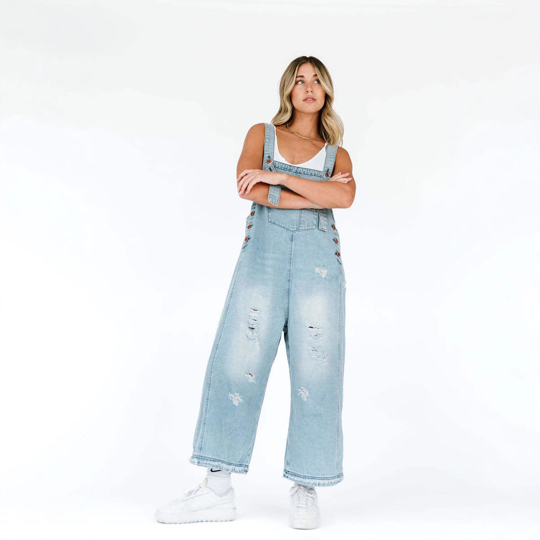 Damen nan lässige verwaschene Latzhose aus Jeansstoff mit Rissen und weitem Bein Drune