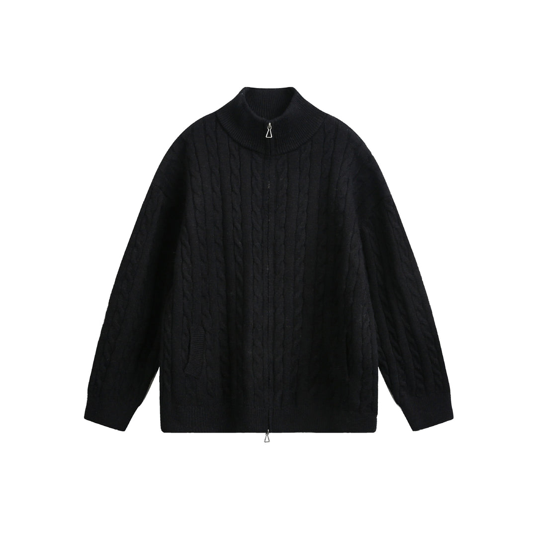 Unisex Grobstrick-Pullover mit Zopfmuster, hohem Stehkragen und Zwei-Wege-Reißverschluss Drune