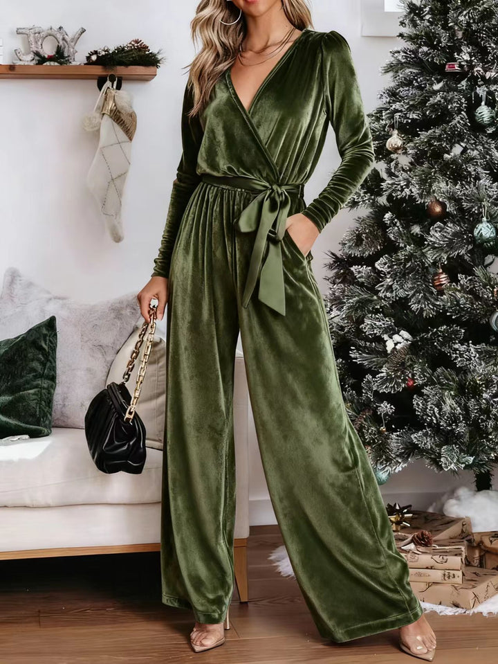 Damen Samt‑Jumpsuit mit Wickel‑V‑Ausschnitt, weitem Bein und Taillengürtel Drune