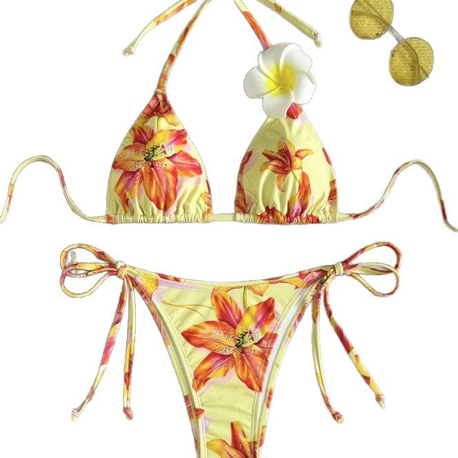 Damen Triangel-Bikini mit floralem Design und verstellbaren Seitenschnürungen Drune