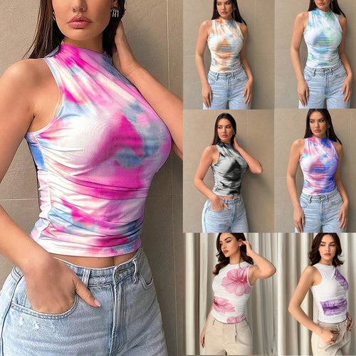Damen Tailliertes Ärmelloses Top mit Stehkragen und Batik-Print Drune