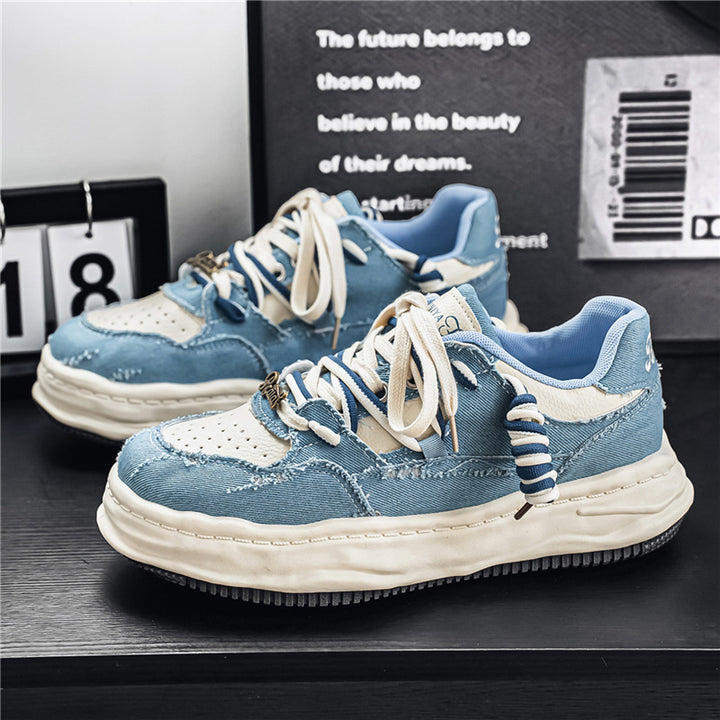 Damen denim-Plateau-Sneaker mit kontrastnähten, wattierter Wellenlaufsohle und verzierten Schnürdetails Drune
