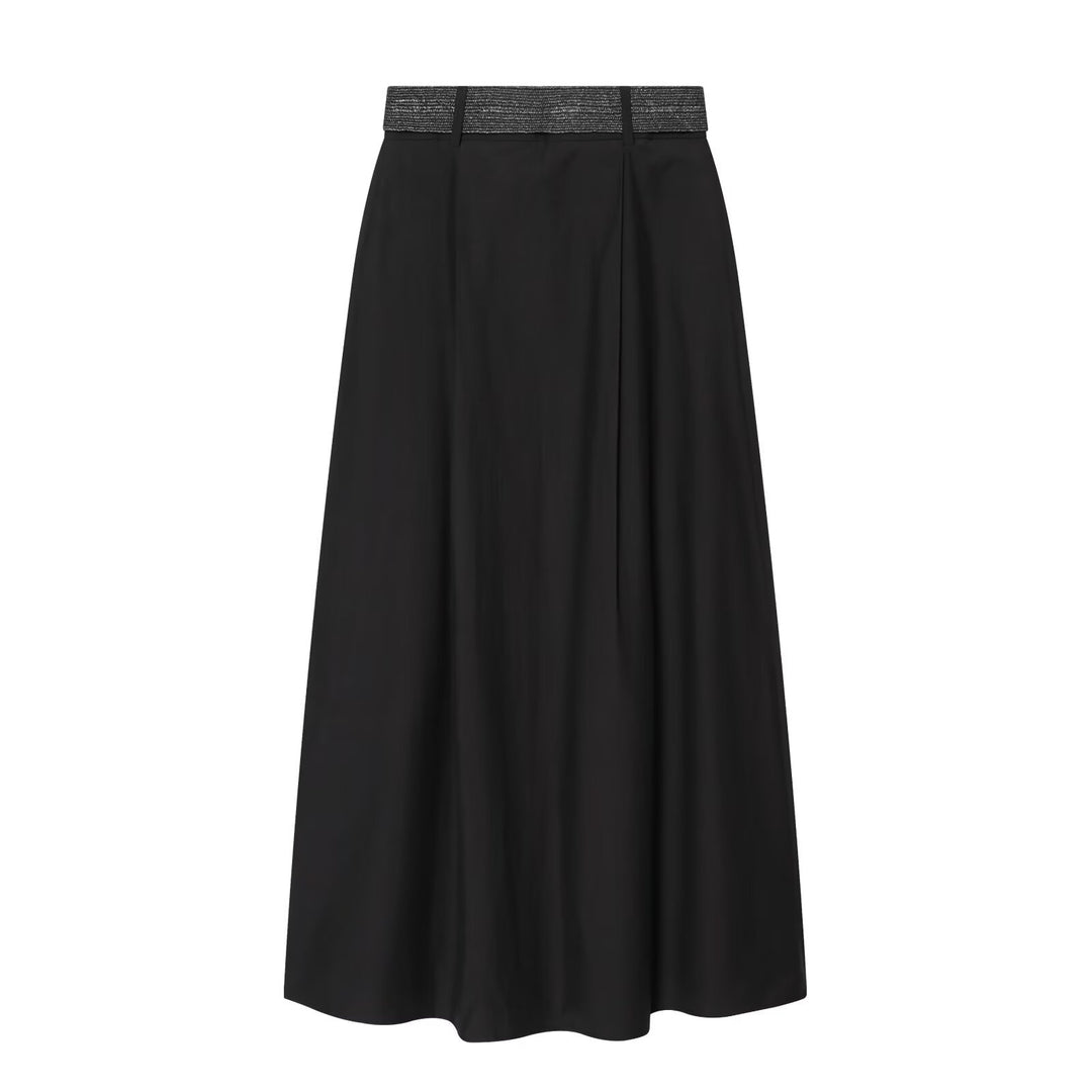 Damen High-Waist Maxirock mit Kellerfalten und dekorativem Taillengürtel Drune