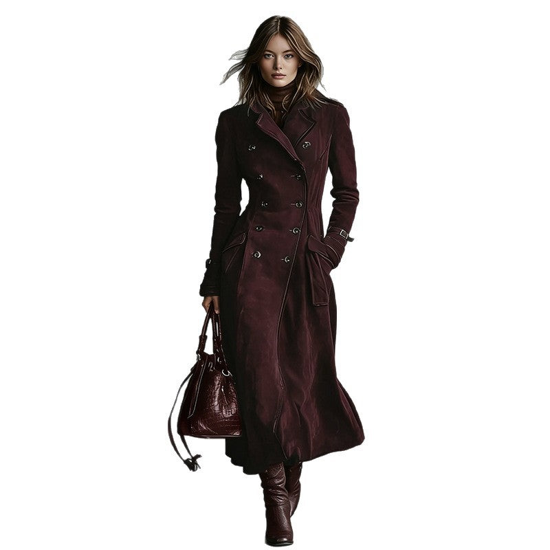 Damen Langer Taillierter Trenchcoat aus Veloursleder‑Optik mit doppelreihiger Knopfleiste und Schnallenmanschetten Drune