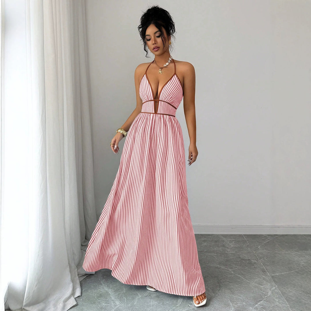 Damen Gestreiftes Neckholder-Maxikleid mit tiefem V-Ausschnitt und Taillen-Cut-Out Drune