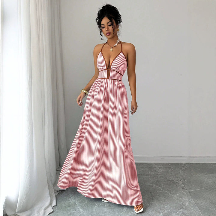 Damen Gestreiftes Neckholder-Maxikleid mit tiefem V-Ausschnitt und Taillen-Cut-Out Drune
