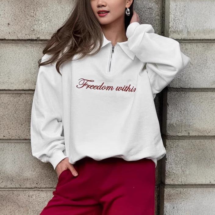 Damen Oversized Fleece-Hemd mit Reißverschluss und elegantem Schriftzug Drune