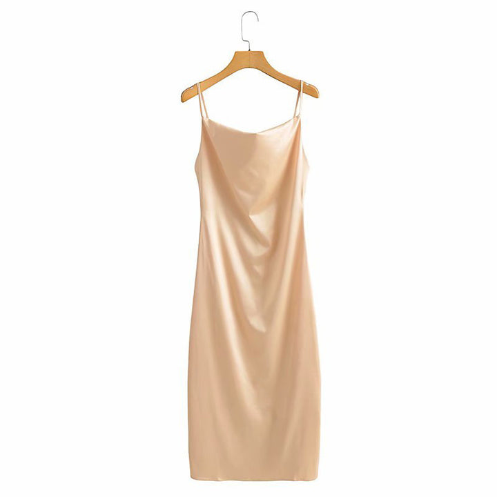 Damen Satin-Midikleid mit verführerischem V-Ausschnitt und Spaghettiträgern Drune