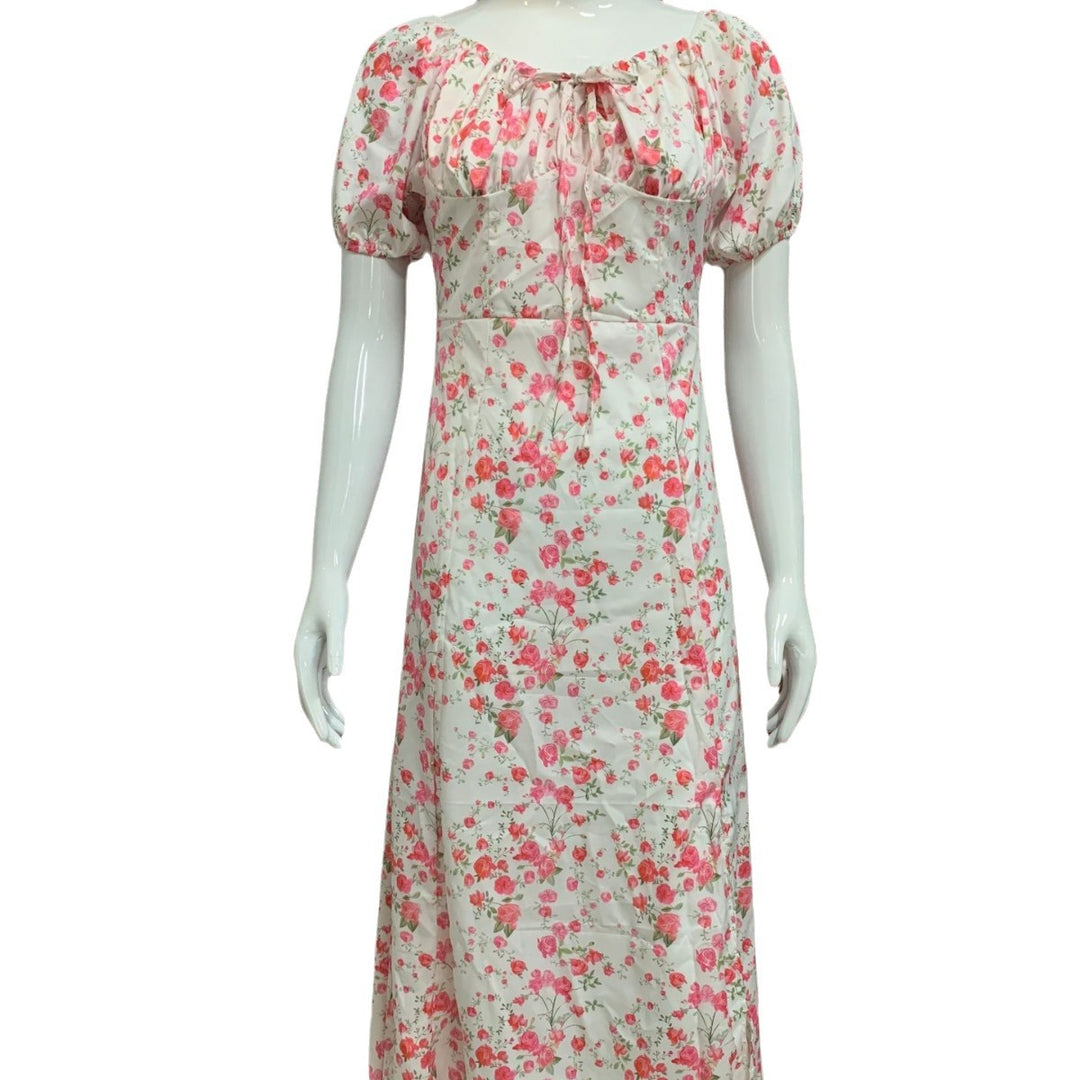 Damen Sommerliches Blumenkleid mit hochgeschlossenem Ausschnitt und Puffärmeln Drune
