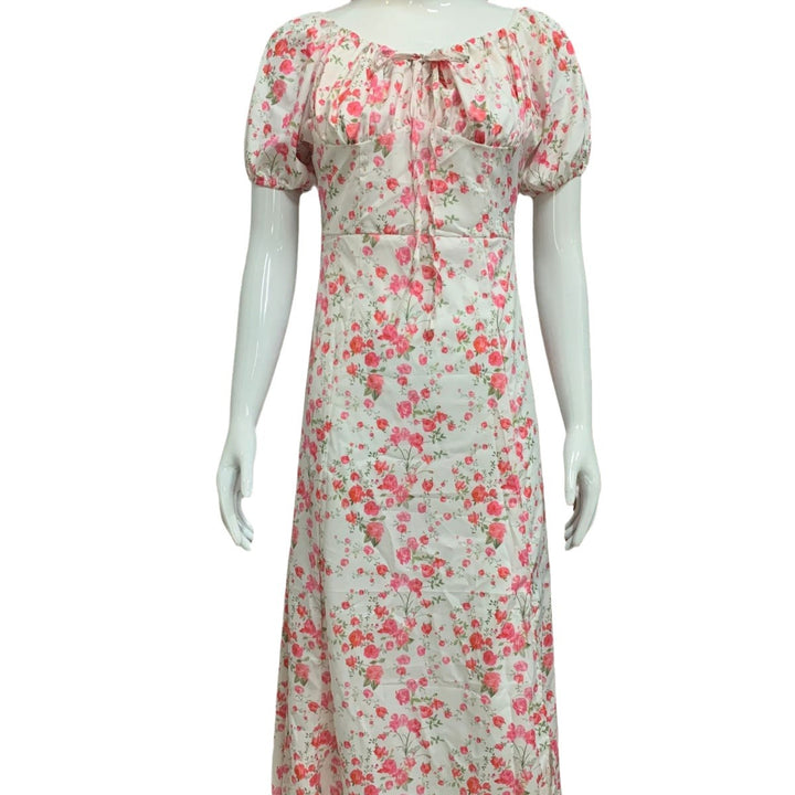 Damen Sommerliches Blumenkleid mit hochgeschlossenem Ausschnitt und Puffärmeln Drune