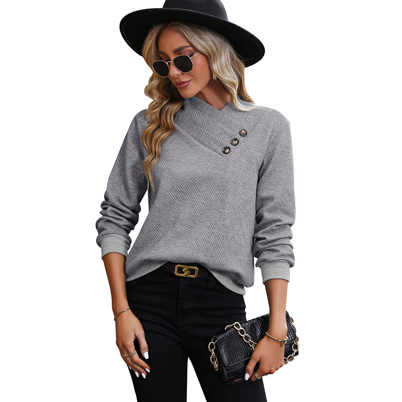Damen Asymmetrischer Überschlagkragen Feinstrickpullover mit dekorativer Knopfleiste Drune