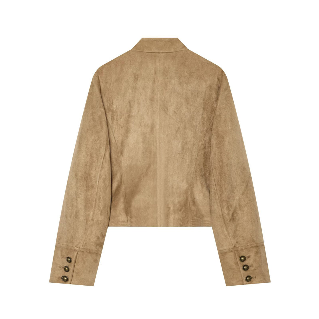 Damen Kurzblouson im Militärstil aus Velourslederoptik mit Reihen-Messingknöpfen Drune