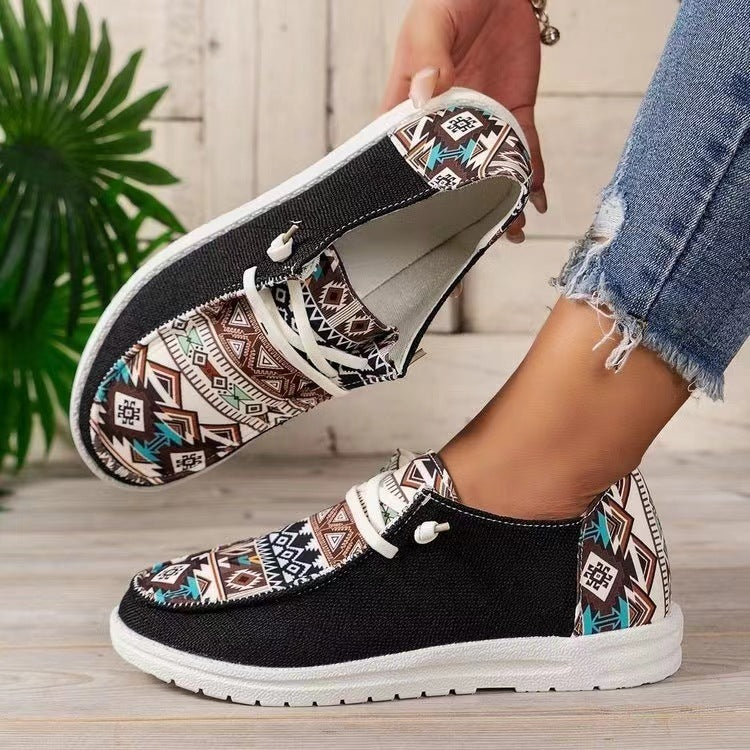 Damen Aztekische Slip-On Sneakers mit Strickoberteil und Mokassin-Naht Drune