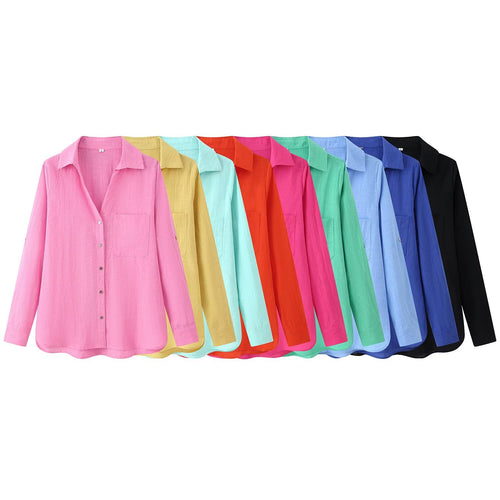 Damen Leichte Oversize-Leinenbluse mit Brusttasche und Hemdkragen Drune
