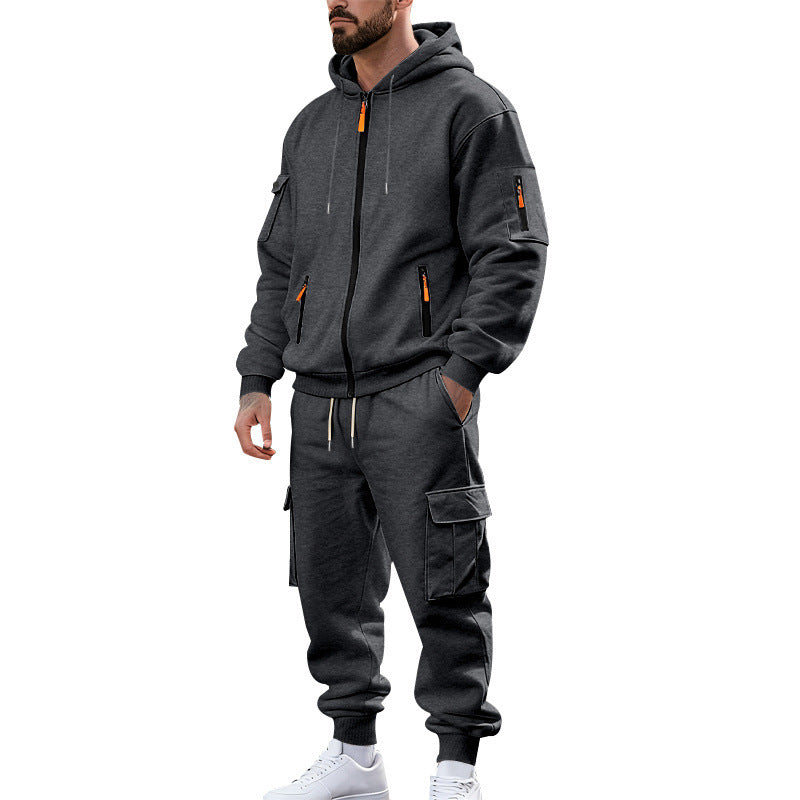 Herren nan urbanes Funktions-Cargo-Sweatset mit Kapuzenjacke, Reißverschlusstaschen und konisch zulaufender Cargo-Jogger Drune