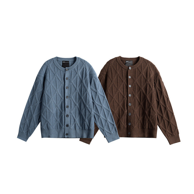 Damen Strickcardigan im Boxy Cut mit strukturierter Rautenmuster, Rundhalsausschnitt und durchgehender Knopfleiste Drune