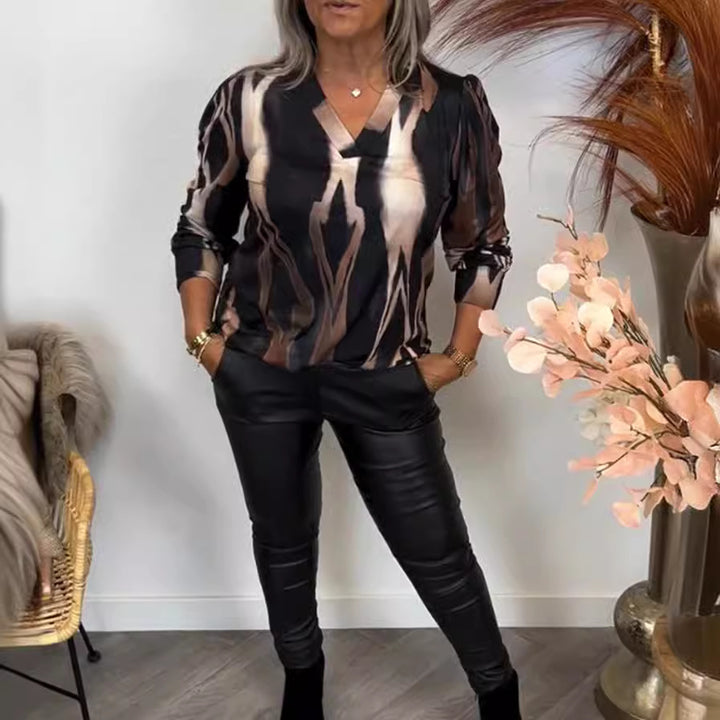 Damen nan stylisches Casual-Set aus V-Ausschnitt-Printshirt und Lederoptik-Leggings Drune