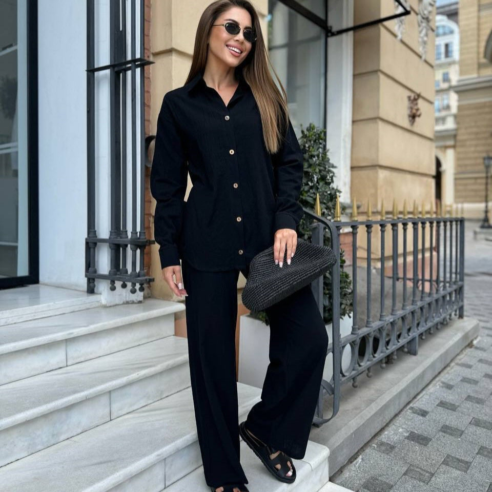 Damen Leichter Leinen-Zweiteiler mit oversized Hemd und High‑Waist Palazzohose Drune