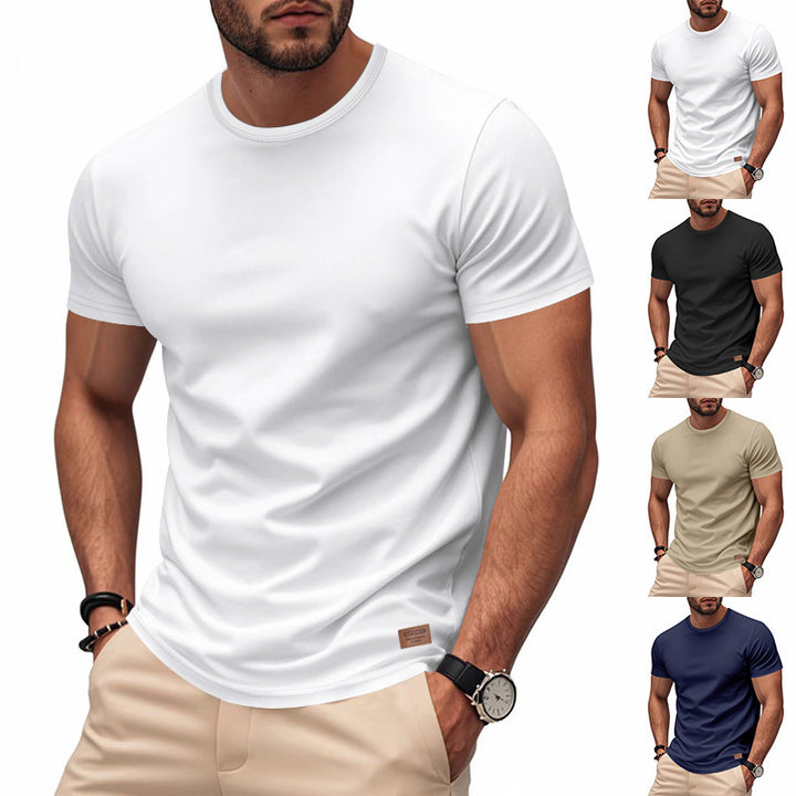 Herren nan schlankes Rundhals-T-Shirt aus glattem Stretchjersey mit dezenter Leder-Logoapplikation Drune