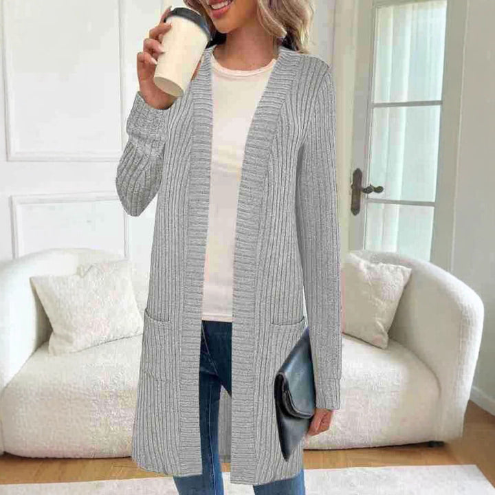 Damen Langer Feinstrick-Cardigan mit Rippenstruktur, offenen Kanten und Eingrifftaschen Drune
