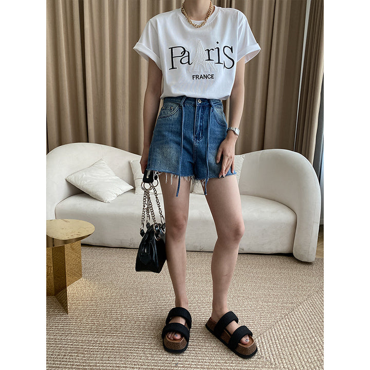 Damen hohe Taillen Jeansshorts mit dekorativen Schnürdetails und fransigem Saum Drune