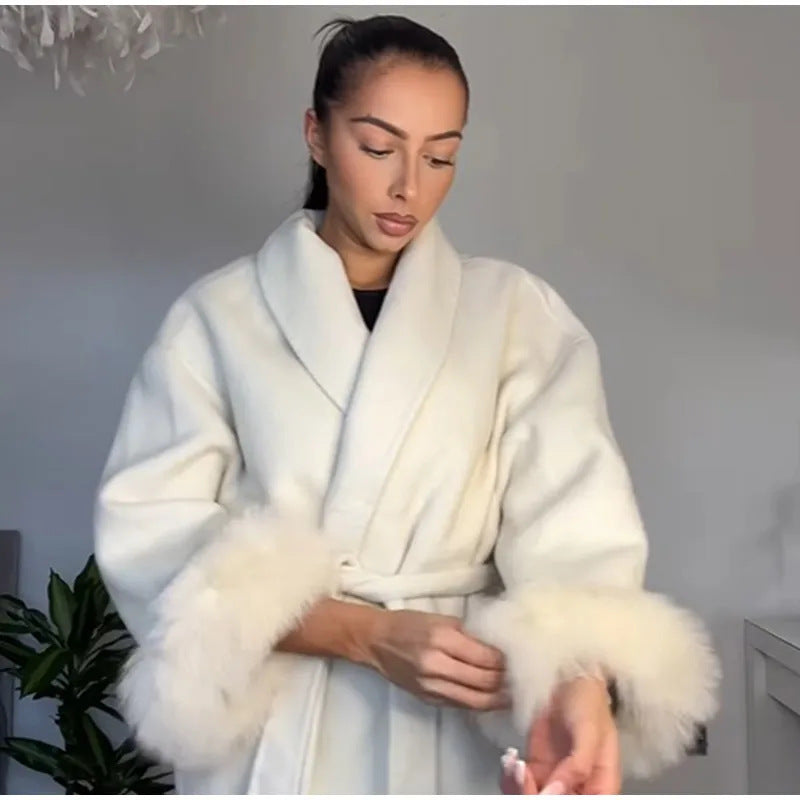 Damen Elegante Wickeljacke mit Teddyfellärmeln Drune