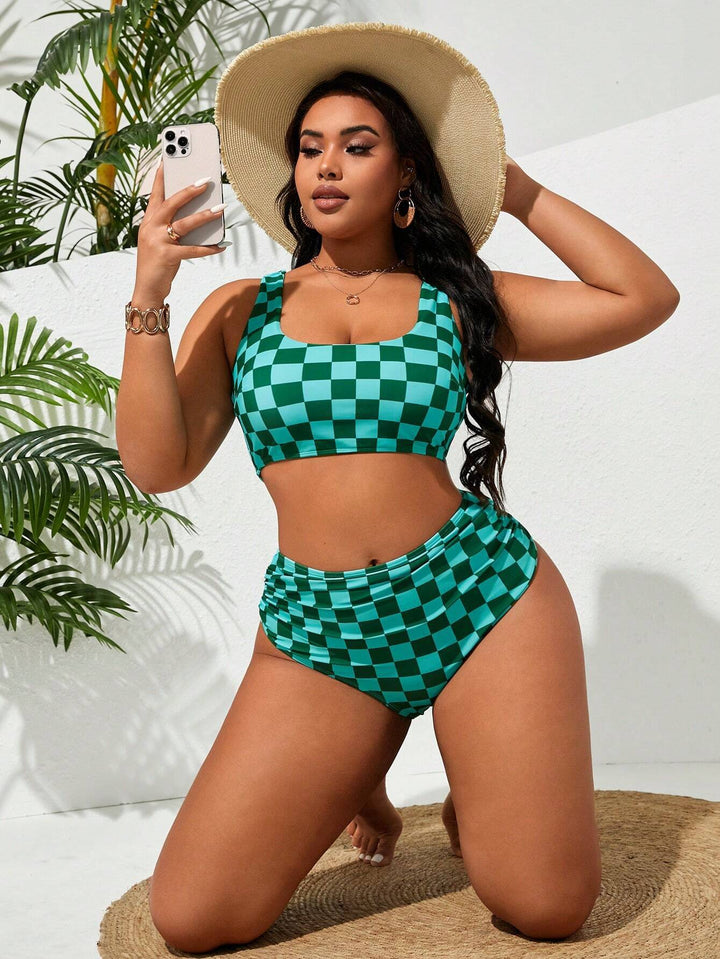 Damen Hochtailliertes Bikini-Set mit kariertem Design Drune