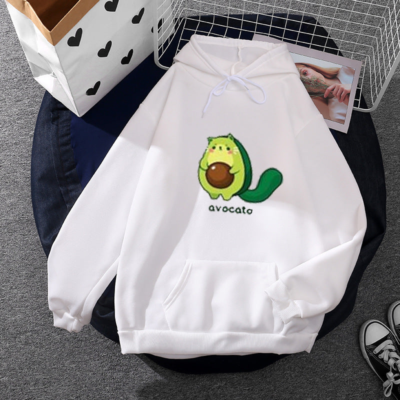 Damen nan Oversize-Fleecehoodie mit weichem Innenfutter, Kängurutasche und Avocato-Cartoonmotiv Drune