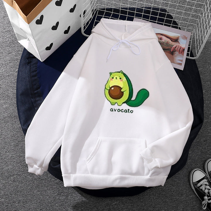Damen nan Oversize-Fleecehoodie mit weichem Innenfutter, Kängurutasche und Avocato-Cartoonmotiv Drune