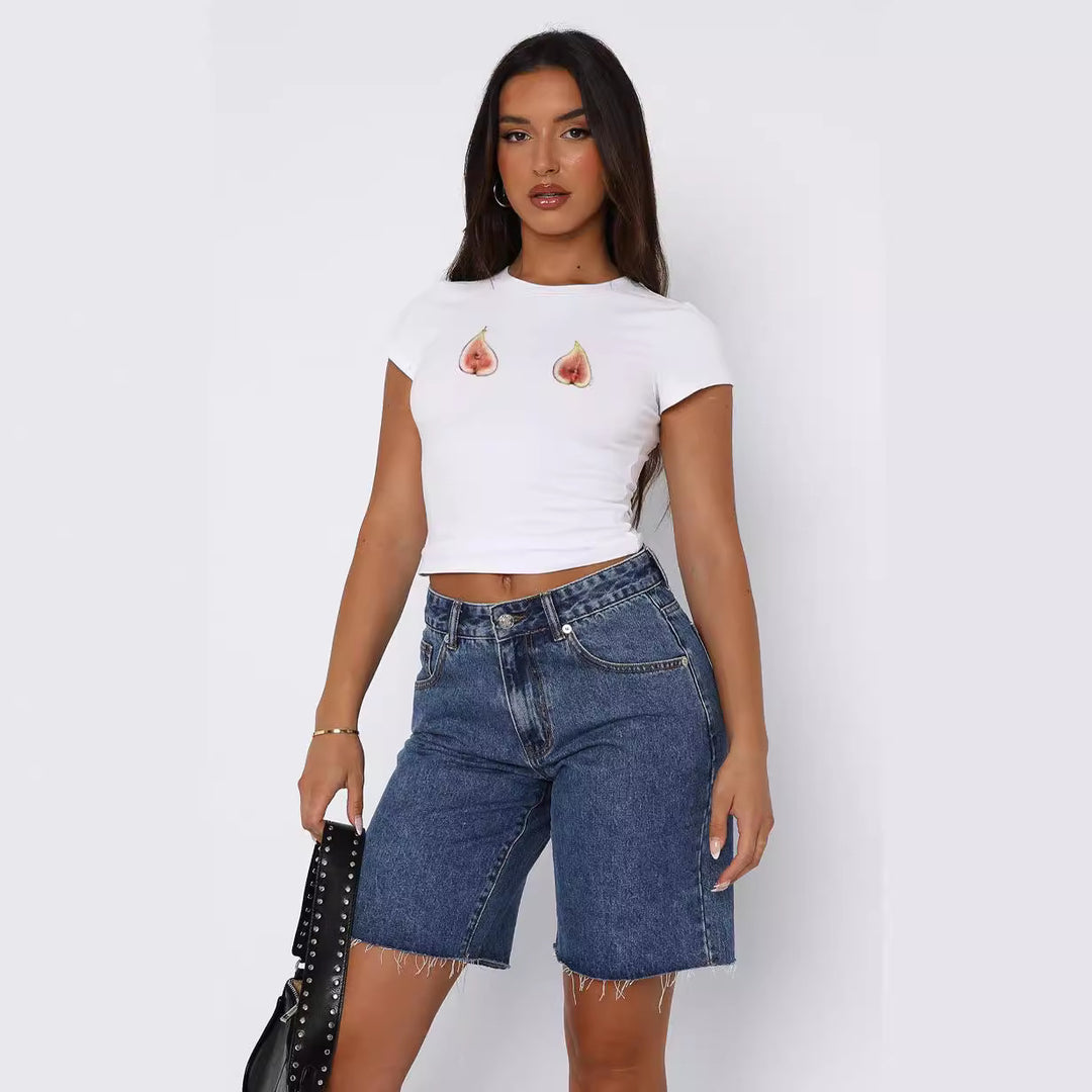 Damen Kurzarm Crop-Top mit fruchtigem Motiv und figurbetontem Schnitt Drune