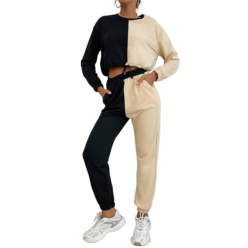 Damen Zweiteiliges Cropped-Lounge-Set mit Farbblock-Optik, Kordelzug und Jogger Drune