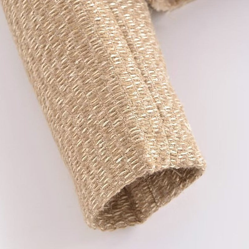 Damen Bouclé-Cropped-Jacke ohne Kragen mit Zierknöpfen und aufgesetzten Taschen Drune
