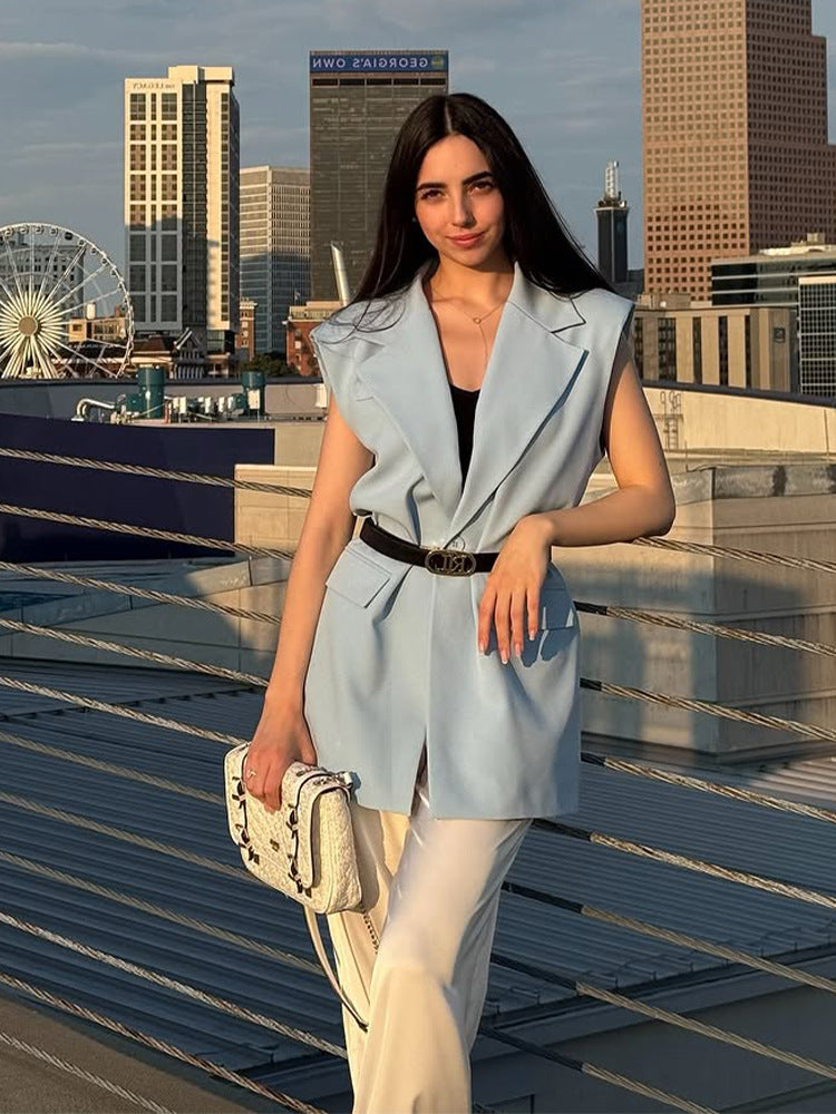 Damen Ärmellose Longblazer-Weste mit betonter Schulterpartie und Taillenform Drune