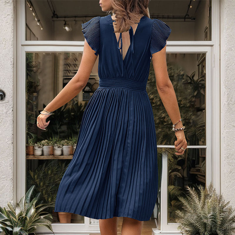 Damen Plissee Midi-Kleid mit V-Ausschnitt und voluminösen Ärmeln Drune