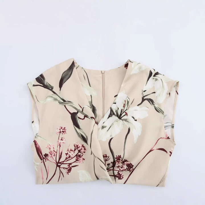 Drune | V-Ausschnitt Texturiertes Floral-Print Midi-Kleid
