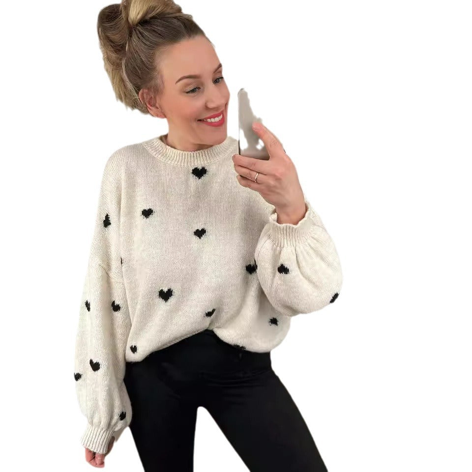 Damen kuscheliger Strickpullover mit Herzmotiv und weitem Schnitt Drune