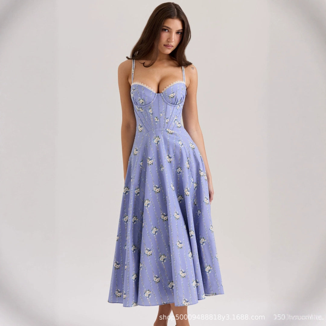 Damen Midi-Kleid mit floralem Design und feinen Spaghetti-Trägern Drune