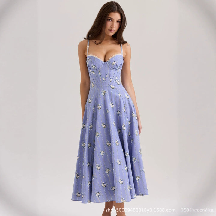 Damen Midi-Kleid mit floralem Design und feinen Spaghetti-Trägern Drune