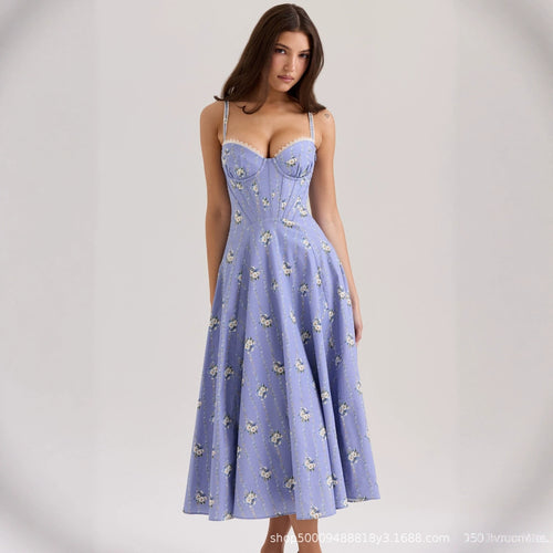Damen Midi-Kleid mit floralem Design und feinen Spaghetti-Trägern Drune