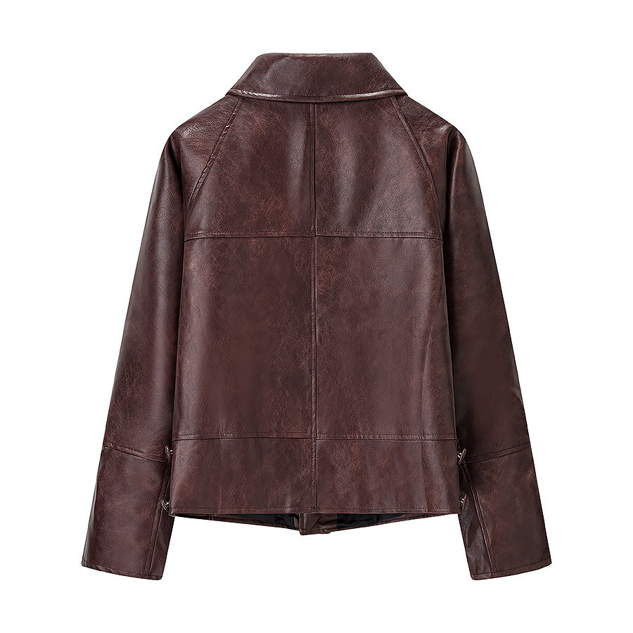 Damen Kurz geschnittene Oversize-Lederjacke mit Rundkragen und Pattentaschen Drune