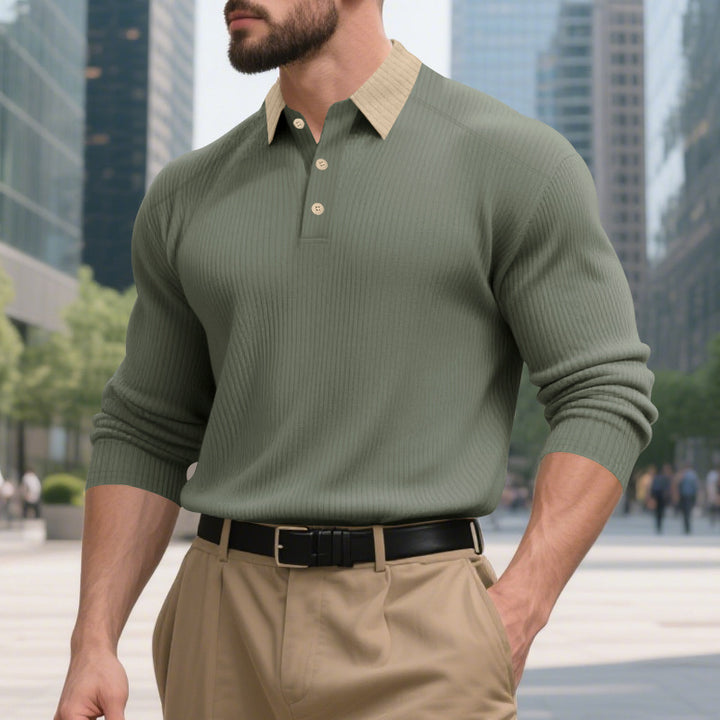 Herren elegantes Langarm-Polohemd mit strukturiertem Design und modischem Kragen Drune