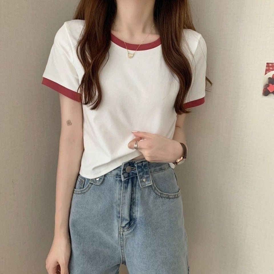 Damen Kurzarm T-Shirt mit kontrastierenden Abschlüssen und leichtem Baumwollstoff