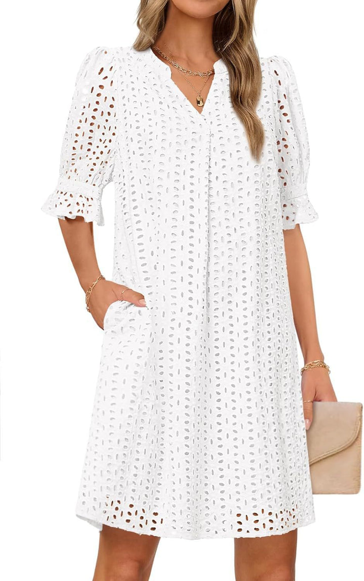 Damen luftiges Sommerkleid mit romantischem Lochmuster und praktischen Taschen Drune