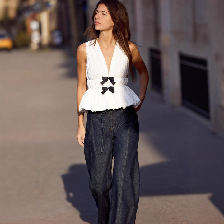 Damen Weite High‑Waist-Jeanshose im Palazzo-Schnitt mit Mittelnaht und D-Ring-Gürtel Drune