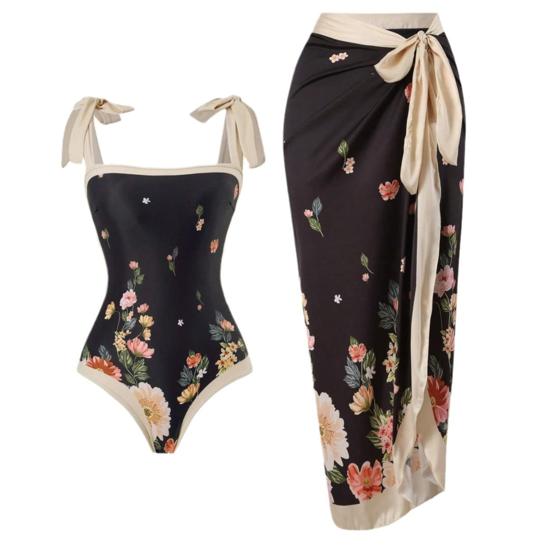 Damen Eleganter Badesuit mit floralen Akzenten und modischem Wickelrock Drune
