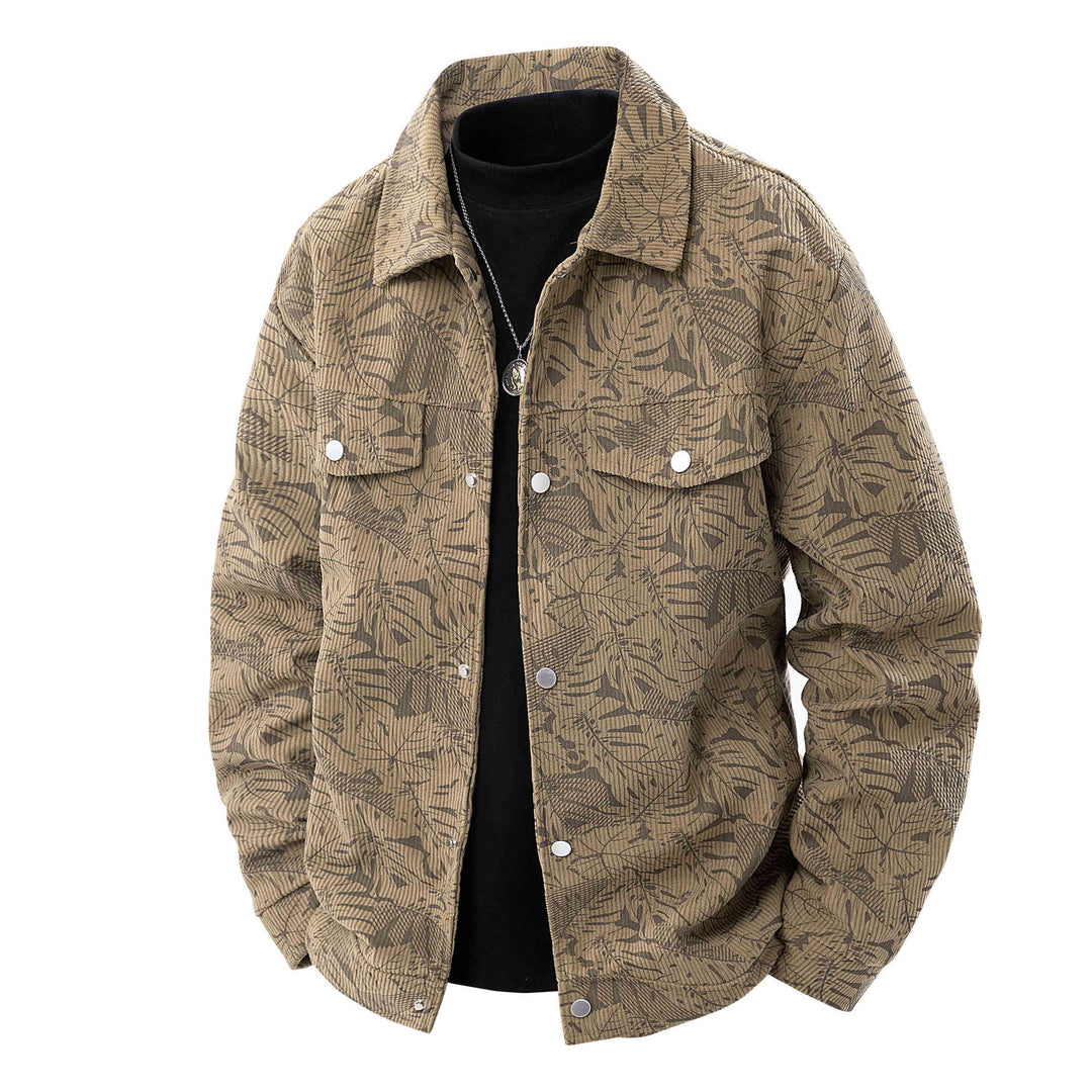 Herren Kordjacke im Truckerstil mit tonalem Blattmuster, Druckknopf‑Front und Pattentaschen Drune