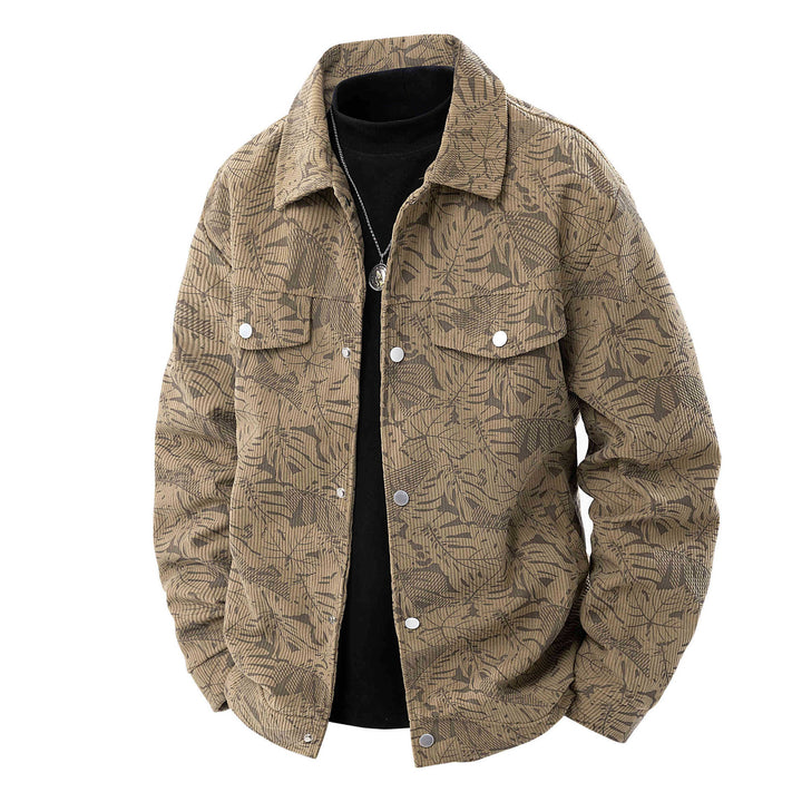 Herren Kordjacke im Truckerstil mit tonalem Blattmuster, Druckknopf‑Front und Pattentaschen Drune