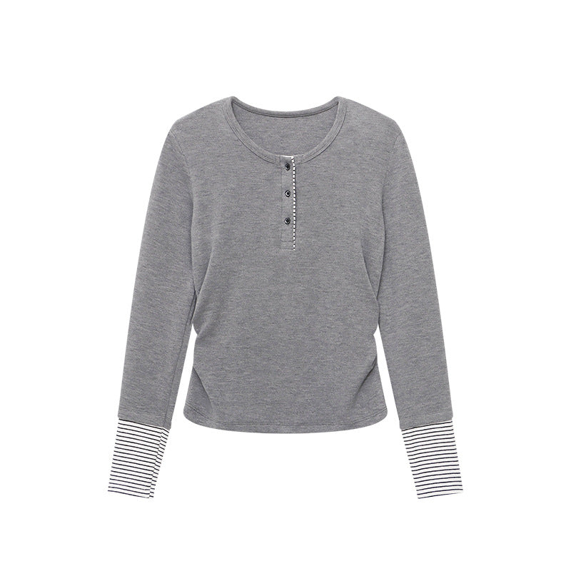 Damen Langarmshirt mit dekorativem Knopfverschluss und gestreiften Ärmeln Drune